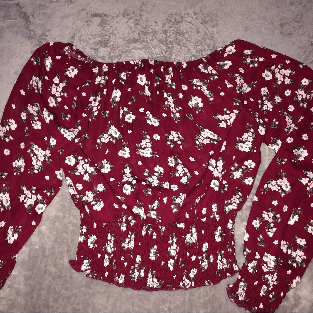 Streetwear society burgundy floral summer lightweight long sleeve top/ shirt